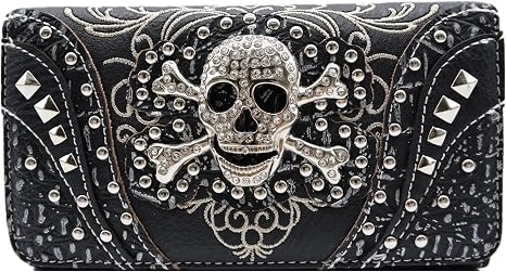 WESTERN ORIGIN Sugar Skull Day of the Dead Cross Bone Studs Punk Gothic Art Rivet Studded Women Wristlet Trifold Wallet (#2 Black) - sugar skull handbags for sale