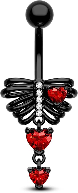 Black Skeleton Heart Belly Button Rings Dangle Halloween Navel Rings 14G Belly Piercing Jewelry Stainless Steel - skull ring