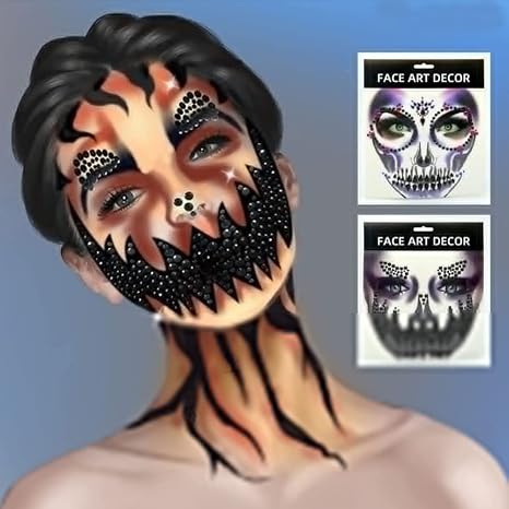 Day of the Dead Face Gems Jewels Tattoos Halloween Face Temporary Skull Tattoos Rhinestone Crystal Stones Body Gems Makeup Stickers DIY Self Adhesive for Women and Girls 2Pcs - skull sticker