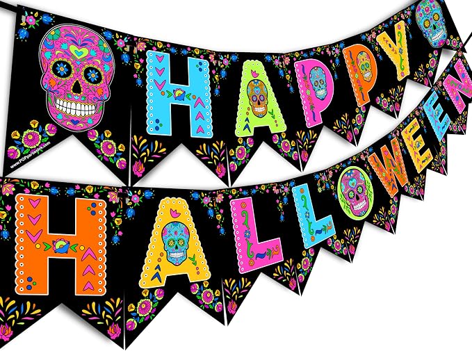 Sugar Skull Halloween Banner – Vibrant Floral Skull Bunting, Dia De Los Muertos & Day of the Dead Party Decorations, Mexican Fiesta Happy Halloween Supplies by POP parties - HH - skull carpet