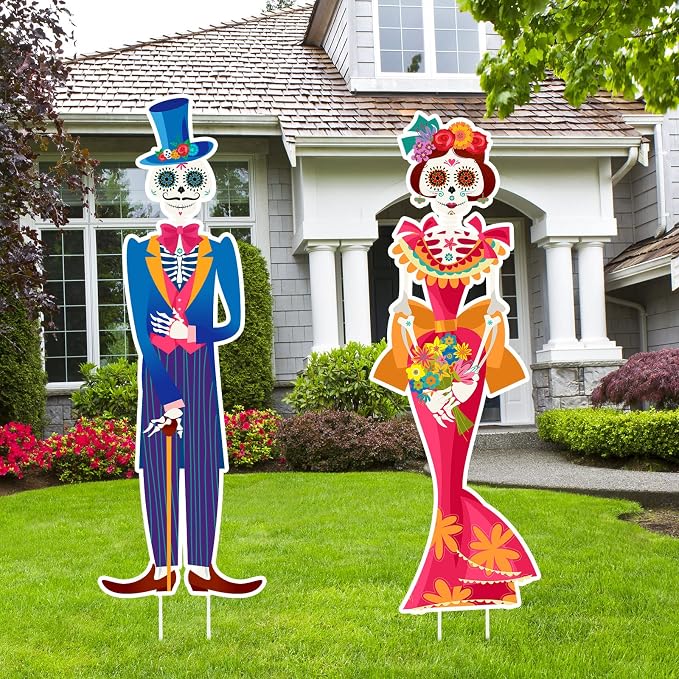 Namalu 2 Pcs Day of the Dead Yard Signs, Sugar Skull Outdoor Lawn Decor - skull inflatable