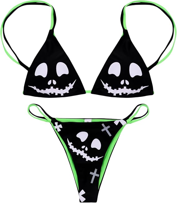 ZGMYC Women Funny Skull Letter Print Goth Bikini Set 2 Piece Neon Bandeau Swimsuit - skull swimsuit