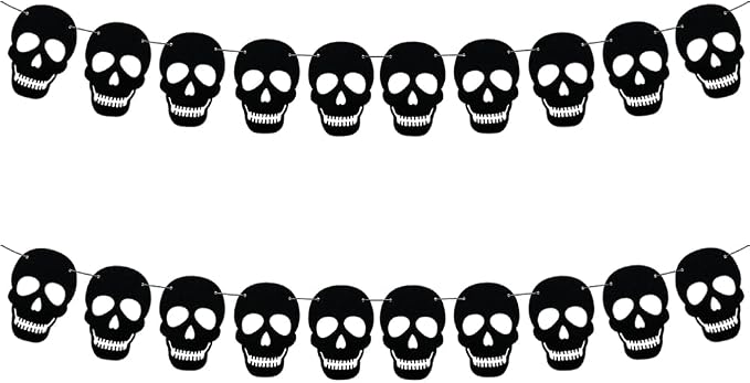 SaktopDeco 2 Pack Black Felt Skull Garland Banner Skeleton Garland Halloween Banne for Gothic Birthday Party Decorations DIY Home Decor - skull inflatable