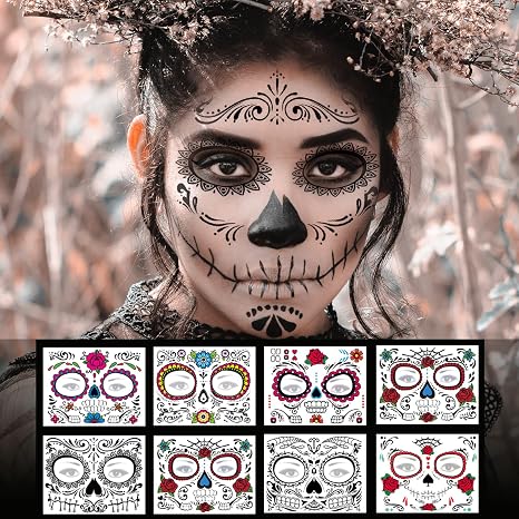Day of the Dead Face Tattoos - 8 Sheet Halloween Temporary Tattoos Face Sticker Kit Día de Los Muertos Glitter Red Roses Skeleton Sugar Skull Fake Tattoo for Halloween Makeup on Face Body - sugar skull makeup