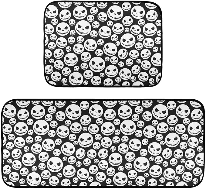 JIPONI Halloween Zombie Skeleton Skull Kitchen Rugs Set of 2 Pieces, Non Slip Cushioned Anti Fatigue Mats for Kitchen Floor, 19.7"X27.6"+19.7"X47.2" Heavy Duty Comfort Standing Mats - skull floor mat
