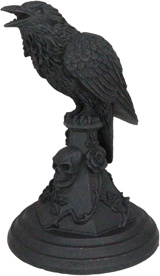 Ebros Gift Gothic Edgar Poe Nevermore Quoth The Raven Crow Perching On Black Rose and Skull Tombstone Spell Taper Candle Holder Decorative Figurine Gothic Macabre Wicca Alternative Arts - skull candle