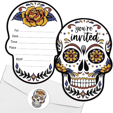 REWIDPARTY Halloween Sugar Skull Party Invitations with Envelopes & Stickers（Set of 15） Shaped Fill-in Invitations Day of the Dead Party Supplies Decorations Party Celebration Cards for Kids Adults - skull sticker