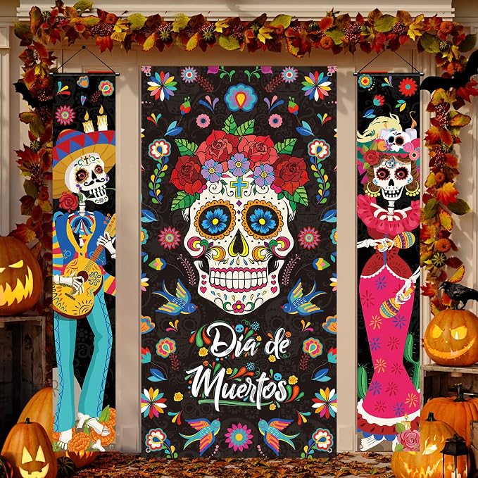 Tiamon 3 Pcs Day of The Dead Porch Sign Door Banners Decor, 11.8 x 70.9 in - skull figurine