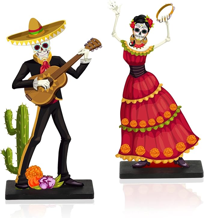2 PCS Day of the Dead Centerpieces, Wooden Dancing Couple Sugar Skull Signs - skull figurine