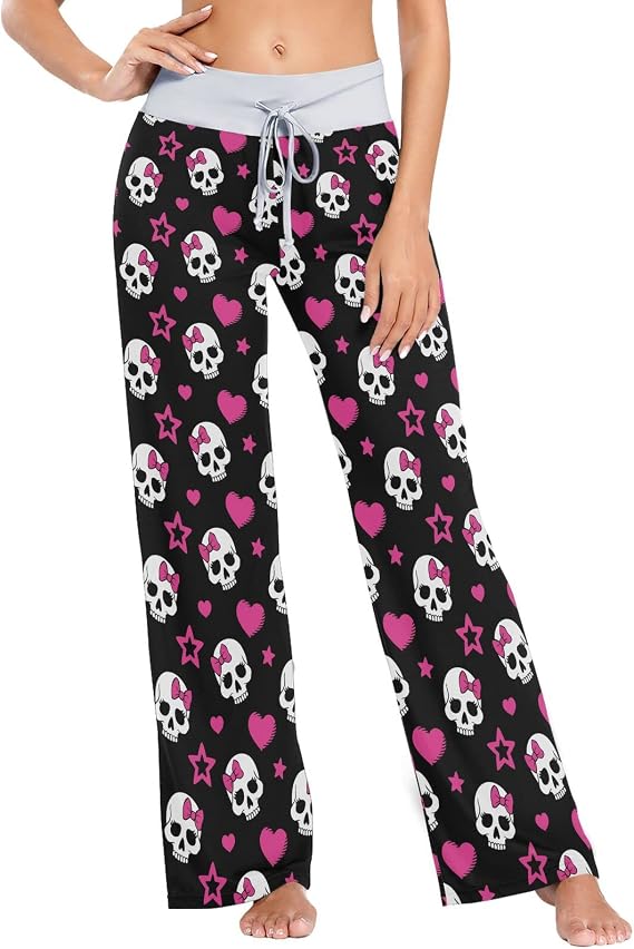 Womens Pajama Pants Soft Sleepwear Drawstring Wide Leg Lounge Long Bottoms XS-XL - skull pajamas