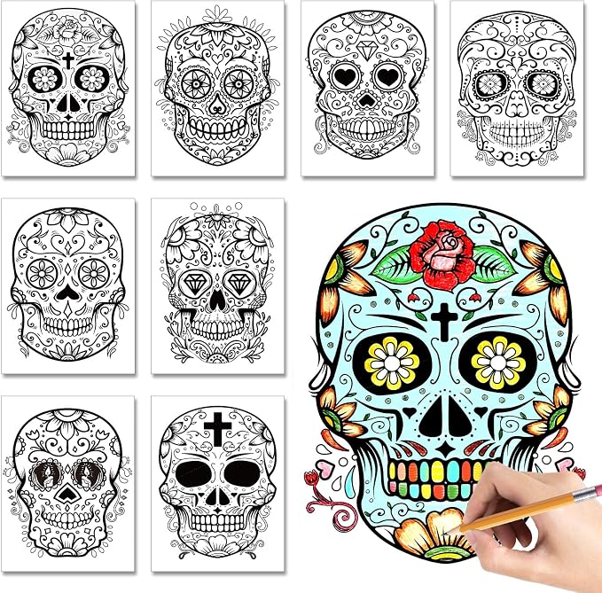 Funrous 32 Pcs Day of The Dead Coloring Posters Sugar Skull Coloring Pages - skull painting
