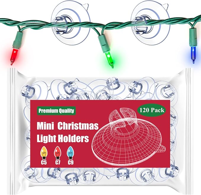 Mini Christmas Light Suction Cups [Set of 120] Small Holiday Light String Hooks Holders, Clear Rope Light Caddy Window Glass Suction Cup Clips Hang Seasonal Lights & Xmas Decorations - string light