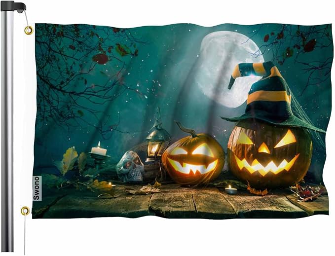 Swono Halloween Pumpkin Head Lantern – Burning Candles Skull Spider Web Full Moon Night Outdoor & Indoor Flag – 3X5 Ft
