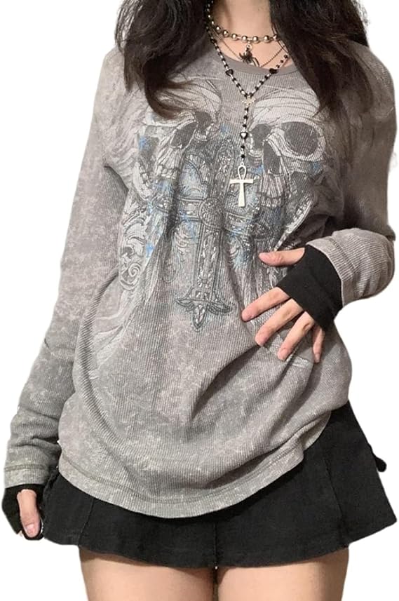 Women Vintage Fairy Grunge Y2K Long Sleeve Shirt Skull Graphic Printed Gothic Tee Tops Aesthetic Harajuku Tops - skull jacket