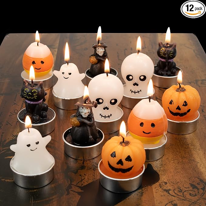 12 Pcs Halloween Candles 6 Styles, Smokeless Unscented Tealight Candles for Halloween Decoration Party, Ghost, Witch, Skull, Jack O Lantern Pumpkin