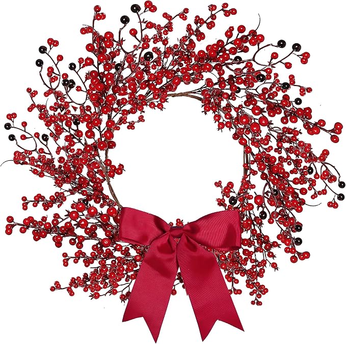 Sggvecsy 18 Inch Artificial Christmas Wreath Red Berry Wreath Handmade Winter Wreath with Bowknot Christmas Decoration for Front Door Home Indoor Outdoor Farmhouse Wall Window Xmas Holiday - skull wreath
