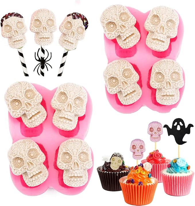 Cestony Halloween 2Pcs 4 Cavity Skull Chocolate Silicone Molds for DIY Cake Fondant Biscuit Cookies Soap Sugar Pudding Chocolate Hard Candies Dessert Candle Decor - skull ashtray