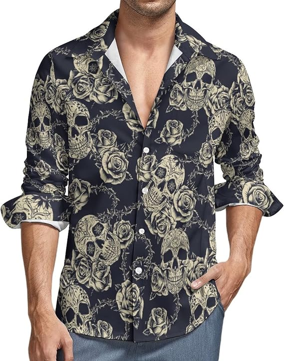 Mens Flowers Kull Long Sleeve Button Down Shirt Stylish Dress Shirt - sugar skull dress