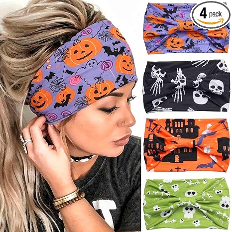 Olbye Headband - Wide Headbands for Women, Halloween Hairbands, Ghost Nonslip Turban Head Wraps, Workout Skull Cosplay Hairband, Yoga Hair Scarfs, 4 Count (Pack of 1), Polyester, Spandex - skull headband