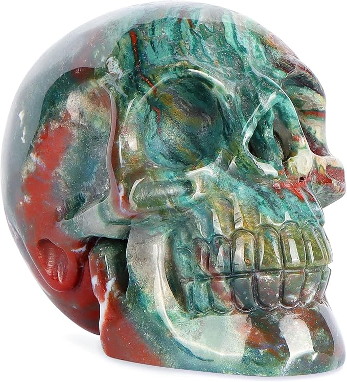 3.0" Ocean Jasper Crystal Skull Head Decor Figurine Healing Stone Carved Sugar Skull Stutue Sculpture Ornament for Day of Dead Decorations Home Office - skull figurine