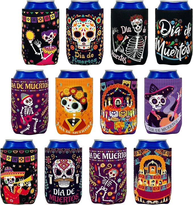 12PCS Day of The Dead Beer Can Cooler Sleeves – Halloween Mexican Beer Festival Games Covers Party Supplies Favors - skull coaster