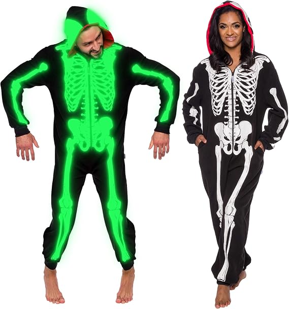 Funziez! Glow in the Dark Skeleton Adult Onesie - Halloween Costume - Plush One Piece Cosplay Suit for Adults, Women and Men - sugar skull costume