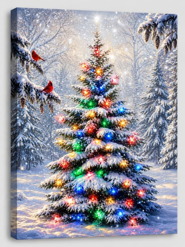 alottagifts Christmas Tree Lighted Canvas Wall Art Print 16" x 12" With Timer | LED Canvas Wall Art Print Design | Modern Artwork for Living Room (Winter Tree Forest, 16" x 12") - skull painting