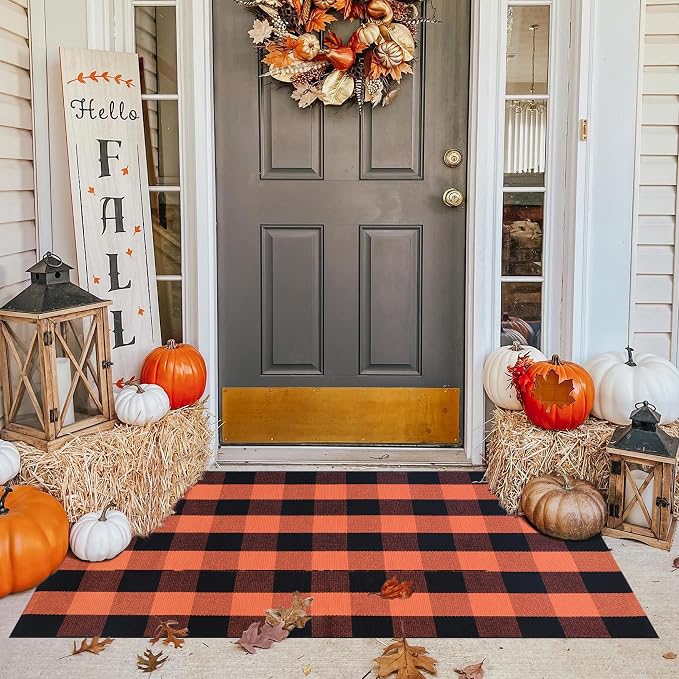 Fall Plaid Area Rug 3x5 Ft, Orange and Black Buffalo Check Large Farmhouse Cotton Rug, Hand-Woven Washable Indoor Outdoor Carpet for Halloween Thanksgiving Autumn Porch Patio Decor - skull carpet