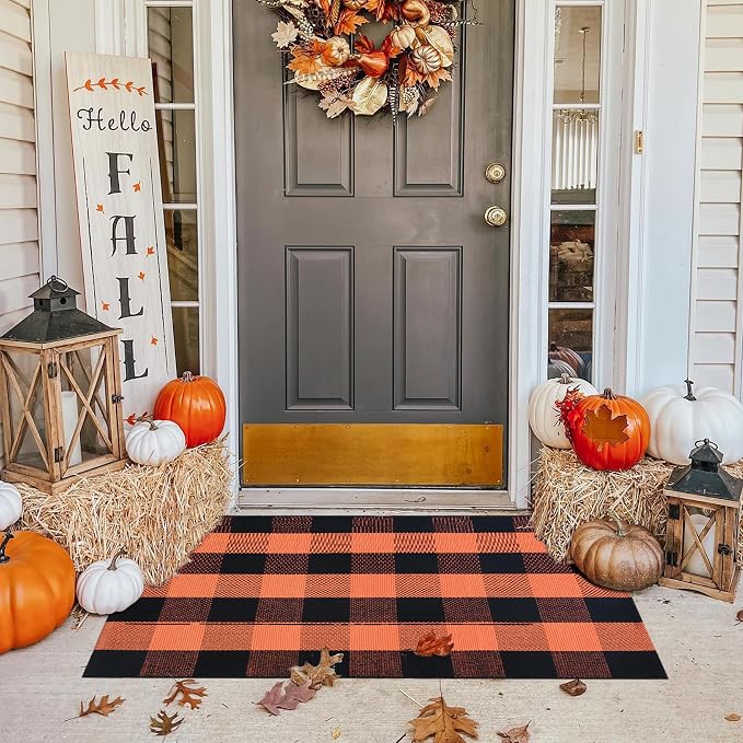 Ckorzen Fall Plaid Rug 28″ x 43″, Orange and Black Buffalo Check Front Porch Outdoor Layered Doormat, Cotton Hand-Woven Washable Rug for Halloween Thanksgiving Autumn Decor