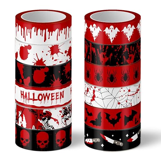 Whaline 12 Rolls Halloween Bloody Washi Tapes Blood Spatter Spooky Bloodstain Skull Ghost Masking Tapes 15mm Scary Bloody Washi Tape Set for Scrapbook Journal DIY Craft Gift Wrapping, 16.4Ft - skull sticker
