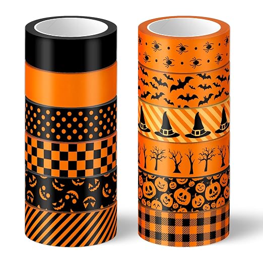 Whaline 12 Rolls Halloween Washi Tape Orange Black Pumpkin Spider Bat Witch Hat Masking Tape 15mm Halloween Decorative Plaid Stripe Tape for Scrapbook Journal DIY Craft Gift Wrapping, 16.4Ft - skull sticker