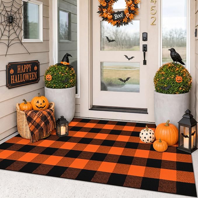 Fall Buffalo Plaid Outdoor Rug 3x5, Washable, Black Orange - skull carpet