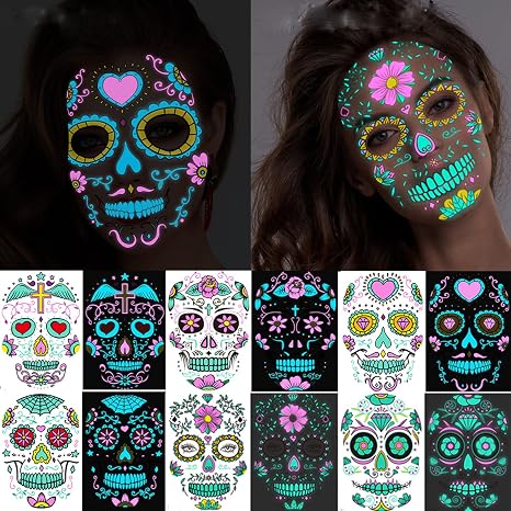 Halloween Day of Dead Face Tattoos, Neon Sugar Skull Stickers - sugar skull makeup