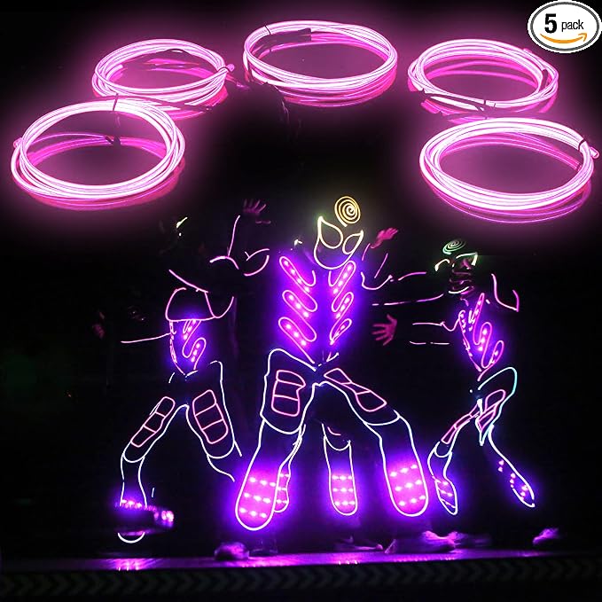 EL Wire 5in1 Bright Neon Glow Rope Lights Strip DIY Portable 3.3ft Pink - string light