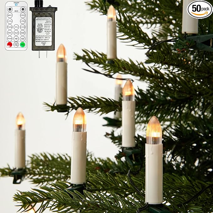 50 Pcs Christmas Flameless Candles Lights, 2025 New Candle Lights with 3 Color & 11 Mode Remote Control, 3D Flickering LED Candle String Lights for Christmas Trees, Fireplaces, Church, Wedding - string light