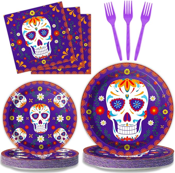 96 Pcs Day of The Dead Tableware Set Colorful Skull Marigold Decors Mexican Fiesta Theme Party Dessert Plates Napkins Forks for Day of The Dead Party 24 Guests - skull plate