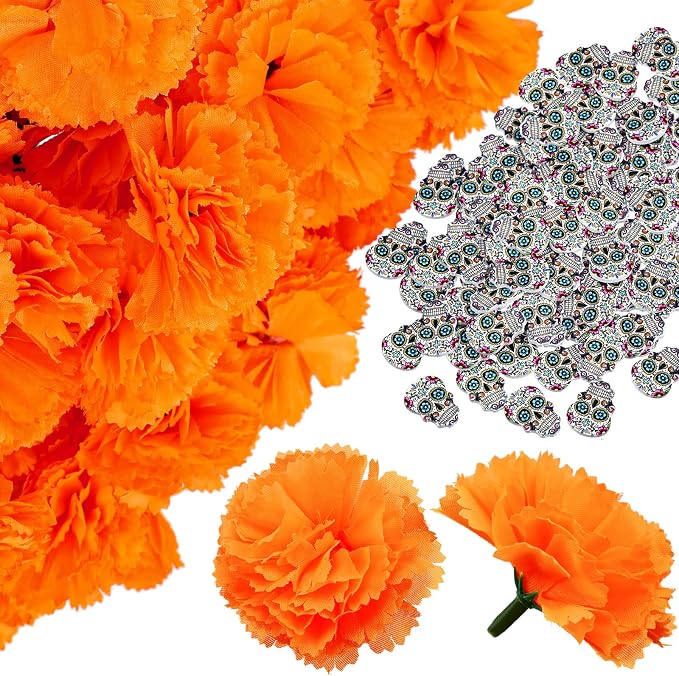 WILLBOND 100 Pcs Day of Dead Decor, 50 Marigold Flowers 50 Sugar Skulls - skull headband