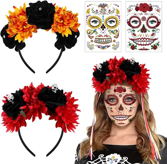 FRCOLOR Halloween Day of The Dead Headpiece Costume Women's Dia de los Muertos 2Pcs Mexican Flower Crown Headband with 2 Sheets Skull Temporary Face Tattoo - skull headband