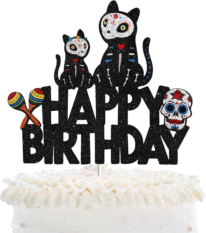 Halloween Sugar Skull Cat Happy Birthday Cake Topper - Halloween Skeleton Day Of The Death Cake Topper Supplies - Gothic Mr Mrs Wedding Party Decoration - sugar skull ornament