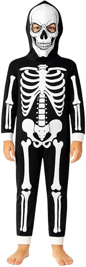 A2Z 4 Kids Girls Boys Skeleton Jumpsuits Pajama Polyester Onesie Halloween Costume Fun Playsuit with Full Skull Face Mask - skull pajamas