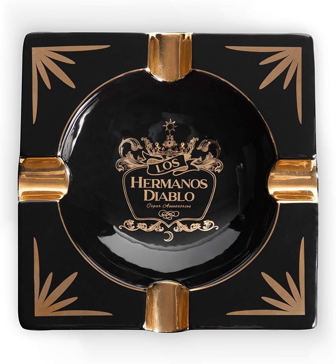 Hermanos Diablo Large Cigar Ashtray for Outdoor Outside Patio Indoor, Black Gold Ceramic Ash Tray Fancy & Cool 4 holders perfect cenicero for your cigarros, Luxury Ashtrays for men - skull ashtray