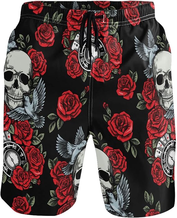 visesunny Men Swim Trunks Swimming Beach Surfing Board Shorts Swimwear Quick Dry Mesh Lining Bathing Suits with Pockets - skull swimsuit