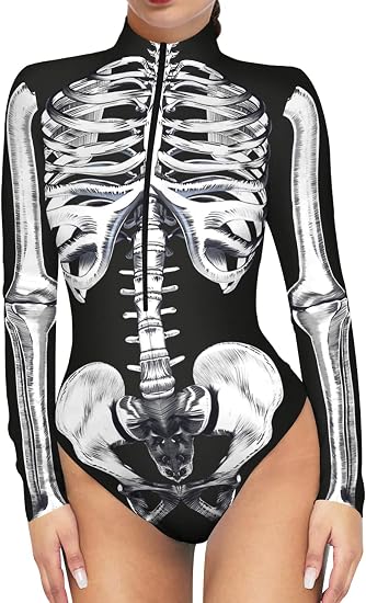Women's Skeleton Jumpsuit Zip Up Halloween Bodysuit Sexy Halloween One Piece Outfit - skull swimsuit