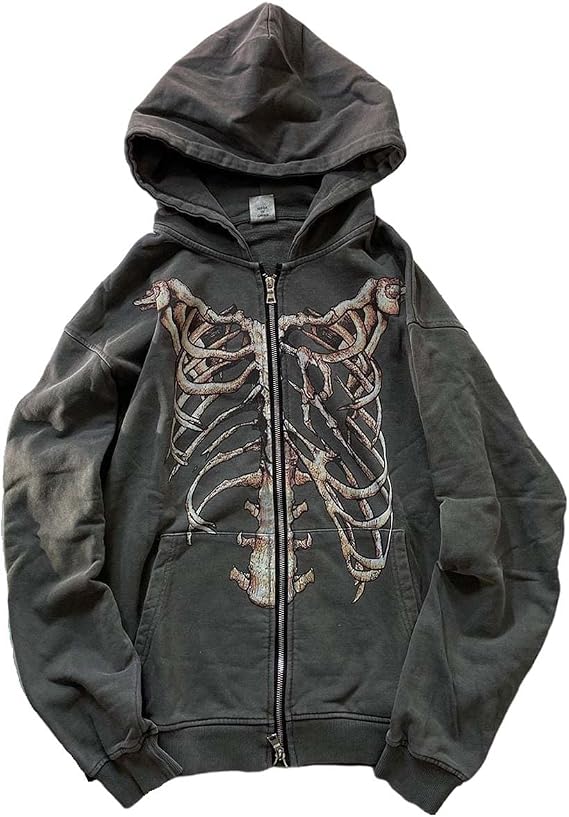 MLAFE Gothic Bone Print Hooded Sweater - Retro Y2K Grunge Harajuku Style - skull jacket