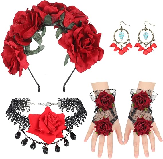 EBOOT 4 Pcs Day of the Dead Costume Women Crown Choker Neck Earrings Gloves - skull headband