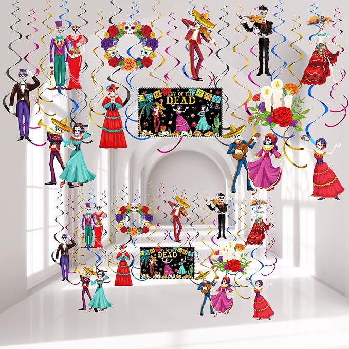 Faccito 30 Pcs Day of the Dead Hanging Swirls Sugar Skull Ceiling Decor - skull wreath