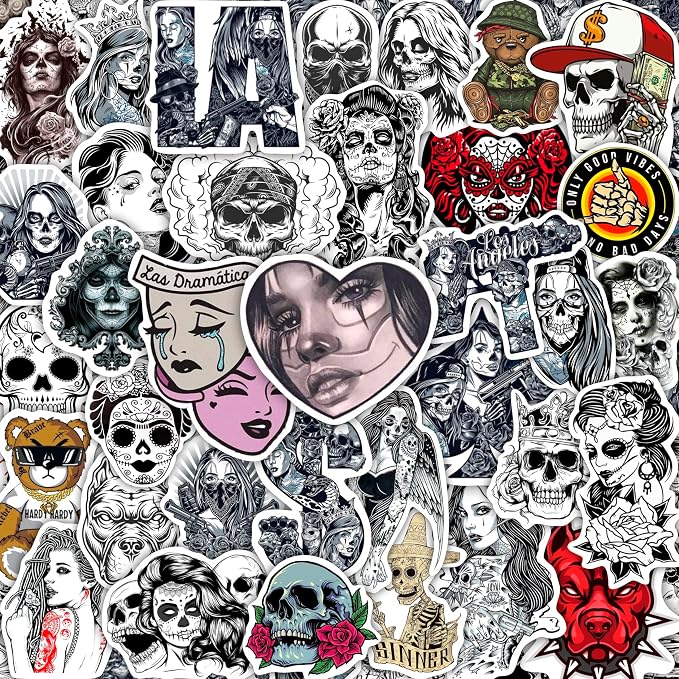 100Pcs Chicano Stickers Old, Chicano Phone Case Stickers, Mexican Decals for Water Bottles, Laptops Decals, Gifts for Women & Men - skull sticker