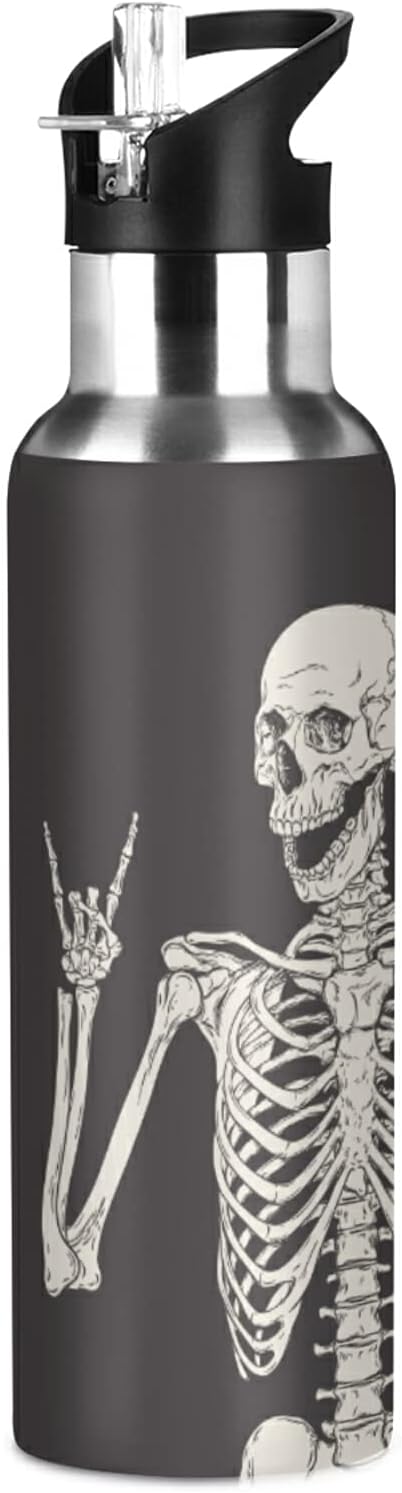 Funny Skull Water Bottle with Straw Lid, Funny Skeleton 20 Oz Stainless Steel Insulated Keeps Hot and Cold Bottle, Leakproof Sports Gym Cycling Outdoor Water Flask Thermos Bottle - skull bottle