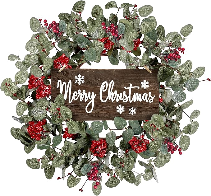 Sggvecsy 18 Inch Artificial Christmas Wreath for Front Door Xmas Red Berry Wreath Winter Glitter Eucalyptus Wreath Christmas Hanging Decorations for Wall Home Window Holiday OutdoorDecor - skull wreath