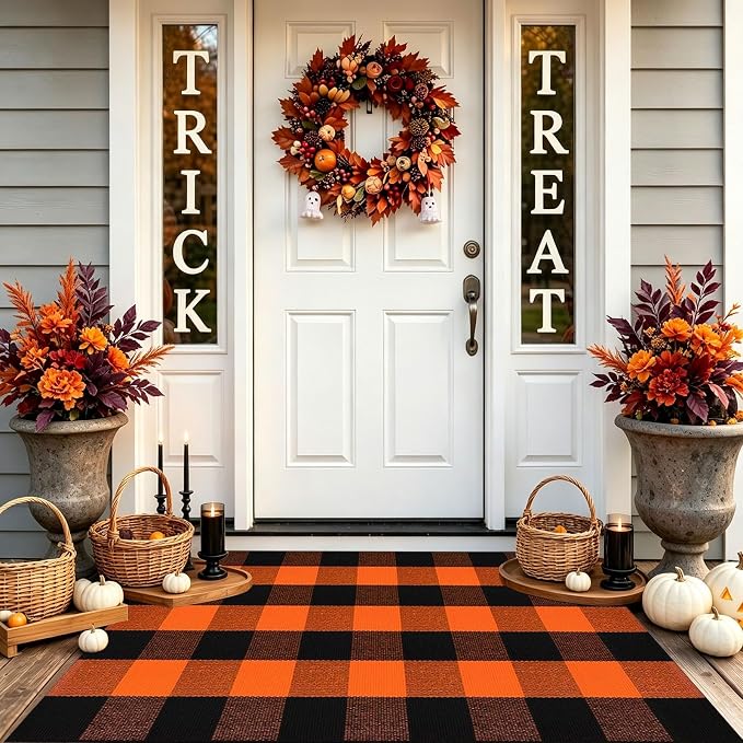 Fall Décor Orange and Black Plaid Rug, 2'4" x 3'7" Fall Outdoor Front Door Decorative Mat, Hand-Woven Rug for Layered Door Mats Washable Carpet for Porch, Entryway, Farmhouse, Autumn, Halloween - skull wreath